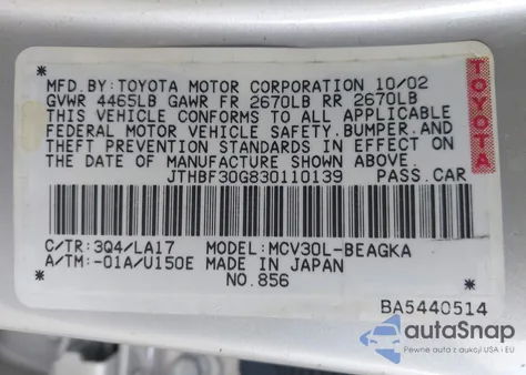 2003 Lexus Es 300 from USA, damaged, VIN JTHBF30G830110139